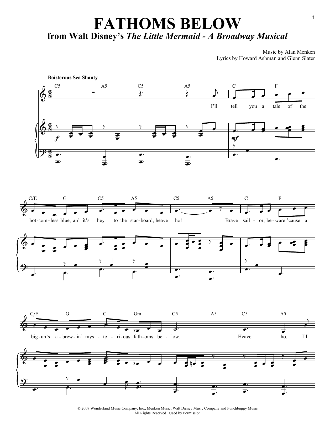 Alan Menken Fathoms Below sheet music notes and chords arranged for Piano & Vocal