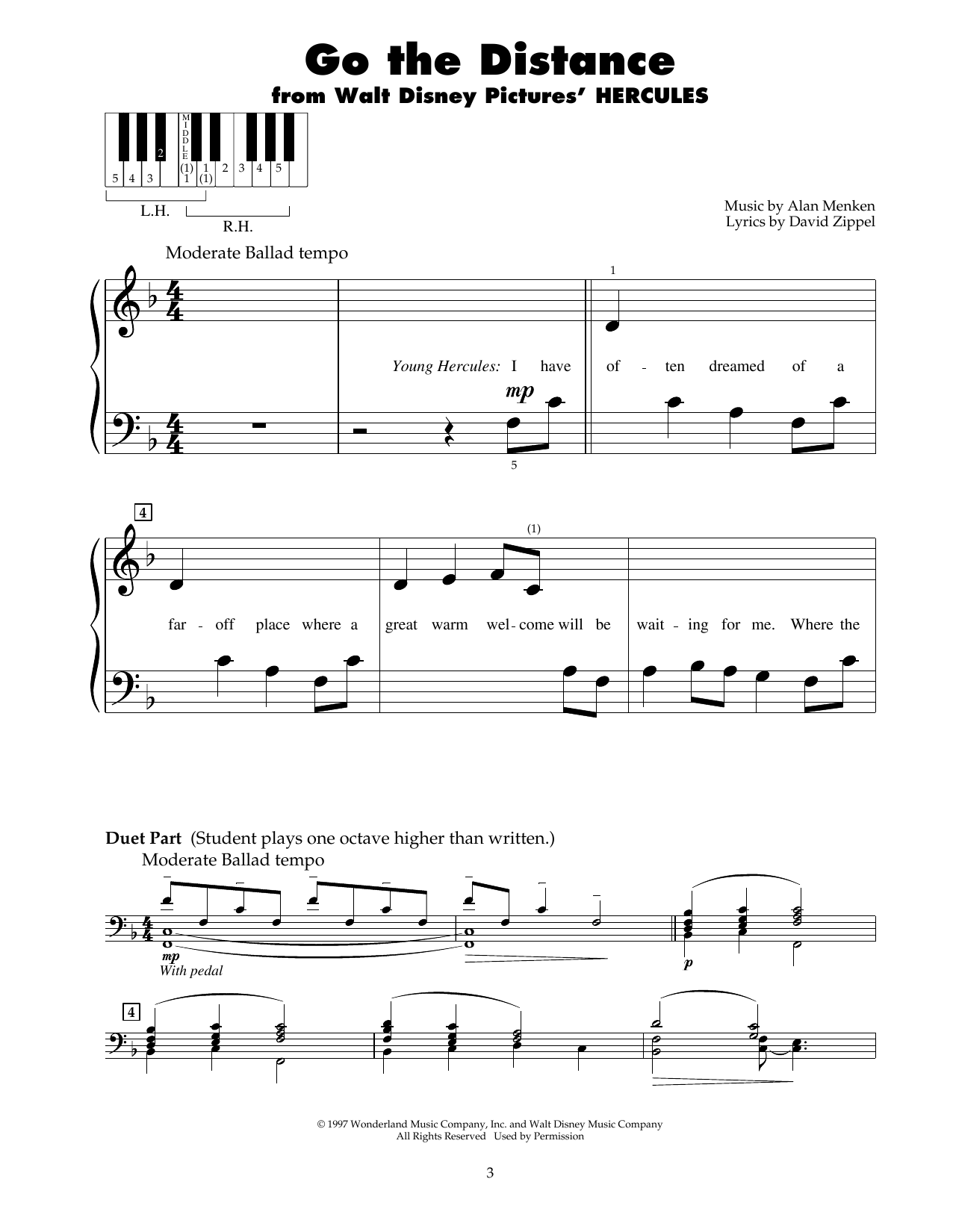 Alan Menken Go The Distance (from Hercules) sheet music notes and chords arranged for 5-Finger Piano