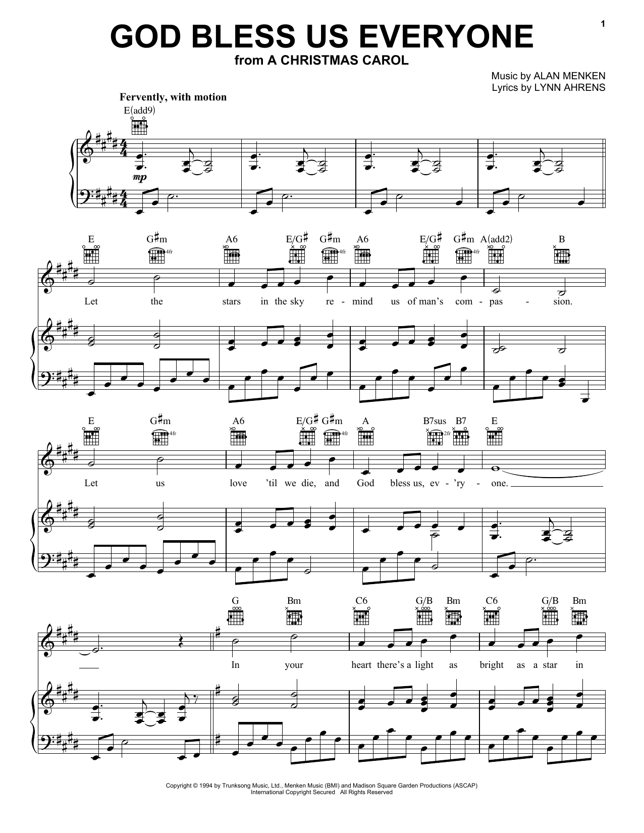 Alan Menken God Bless Us Everyone sheet music notes and chords arranged for Piano, Vocal & Guitar Chords (Right-Hand Melody)