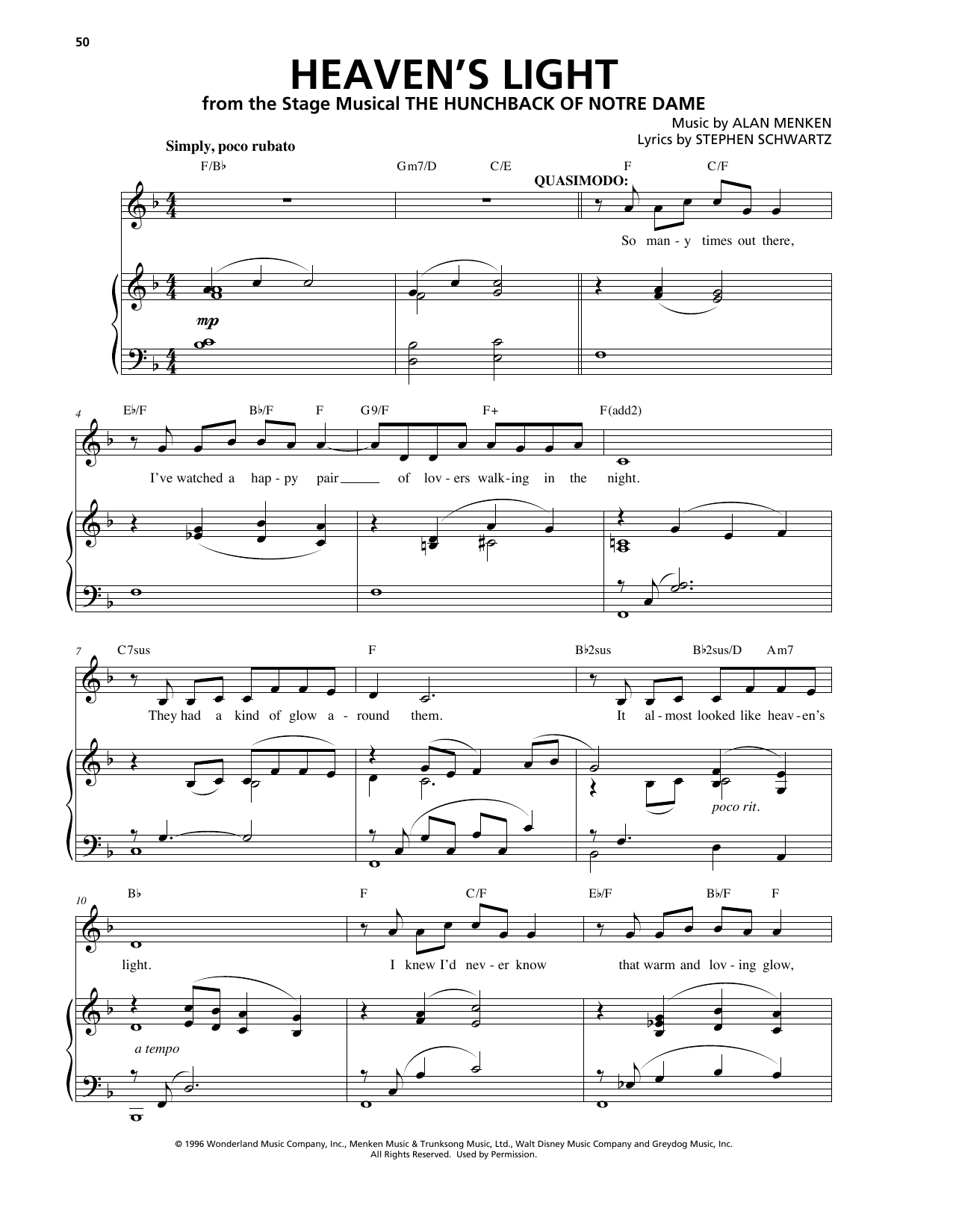 Alan Menken Heaven's Light sheet music notes and chords arranged for Piano & Vocal