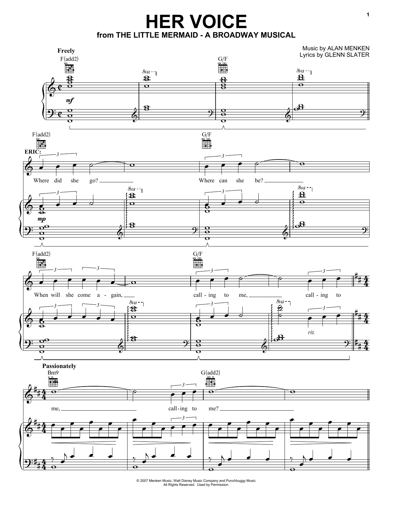 Alan Menken Her Voice (from The Little Mermaid: A Broadway Musical) sheet music notes and chords arranged for Piano, Vocal & Guitar Chords (Right-Hand Melody)