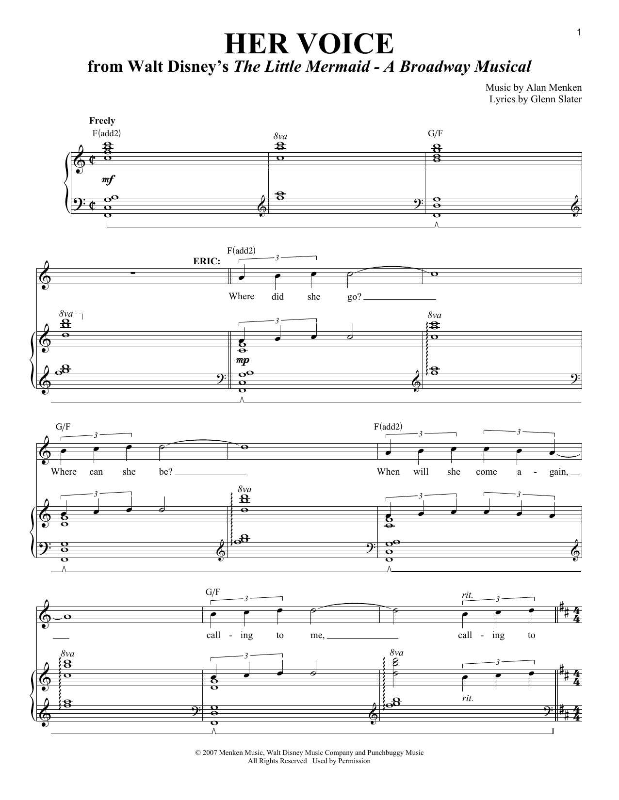 Alan Menken Her Voice sheet music notes and chords arranged for Piano & Vocal