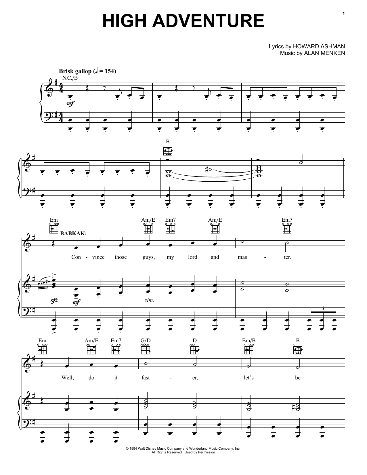 Alan Menken High Adventure (from Aladdin: The Broadway Musical) sheet music notes and chords arranged for Piano, Vocal & Guitar Chords (Right-Hand Melody)