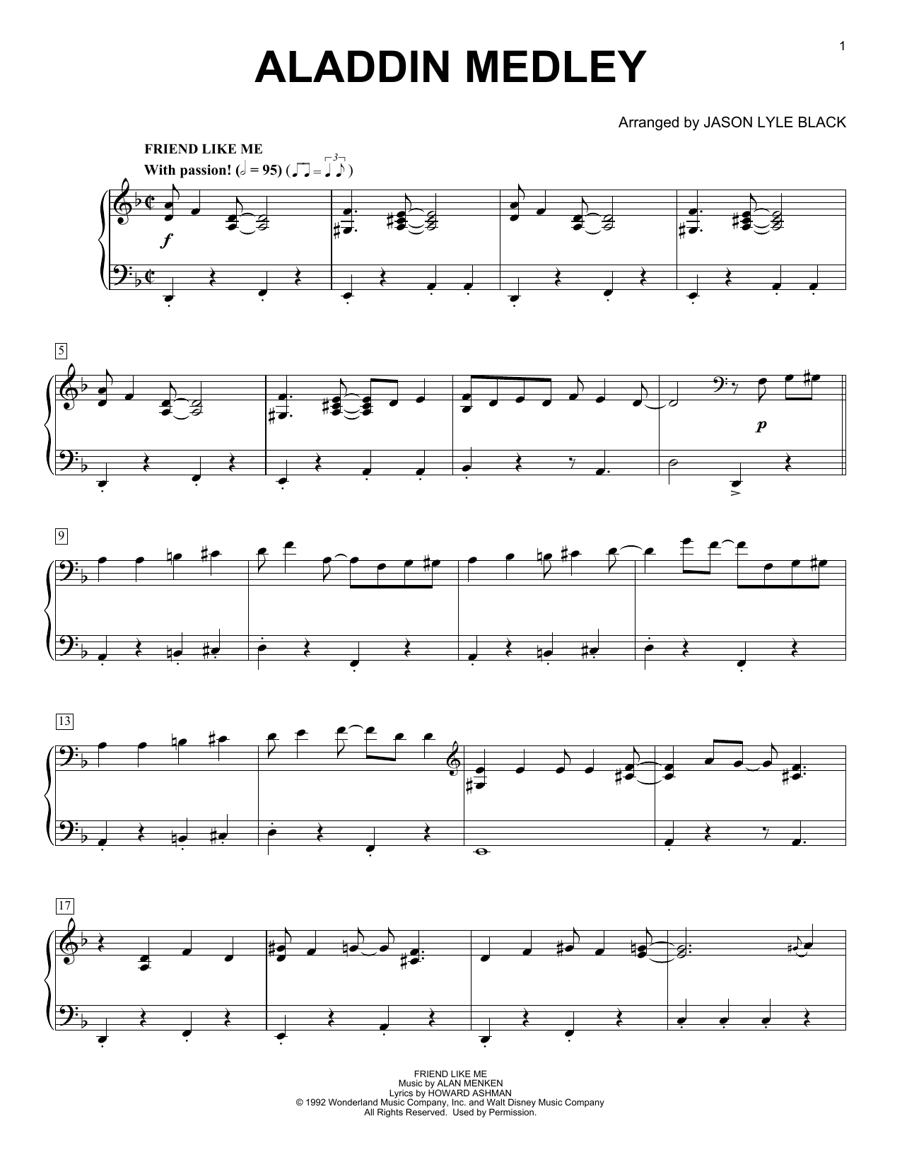 Alan Menken, Howard Ashman and Tim Rice Aladdin Medley (arr. Jason Lyle Black) sheet music notes and chords arranged for Piano Solo