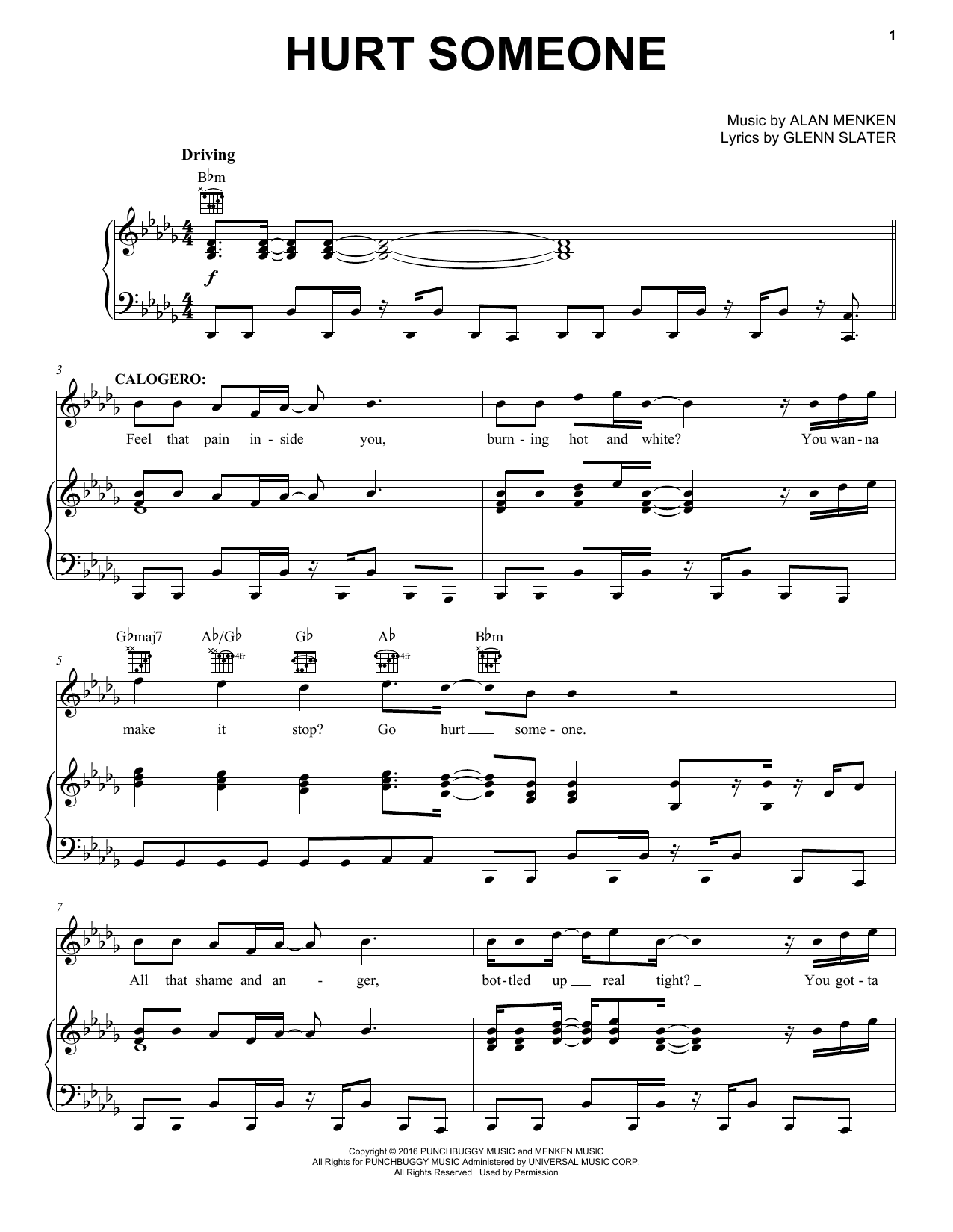 Alan Menken Hurt Someone sheet music notes and chords arranged for Piano, Vocal & Guitar Chords (Right-Hand Melody)