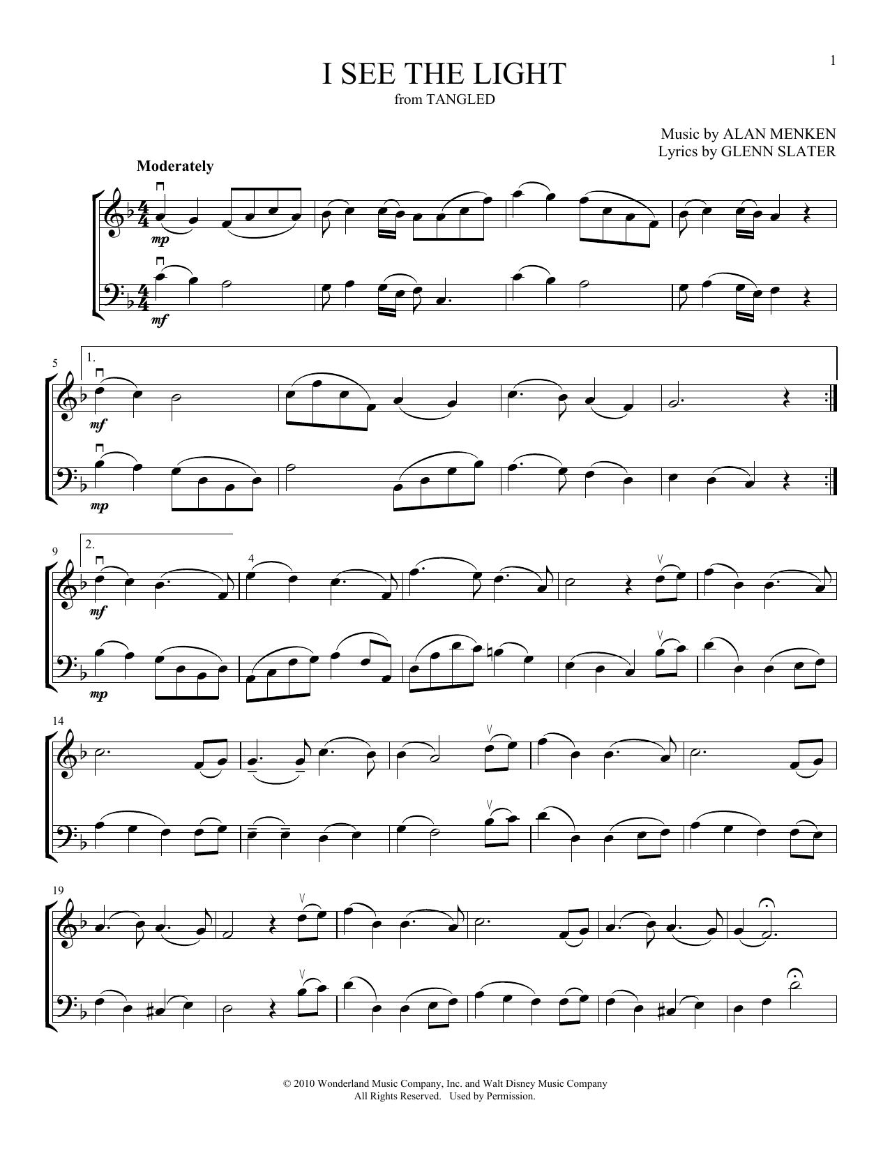Alan Menken I See The Light (from Tangled) (arr. Michelle Hynson) sheet music notes and chords arranged for Instrumental Duet
