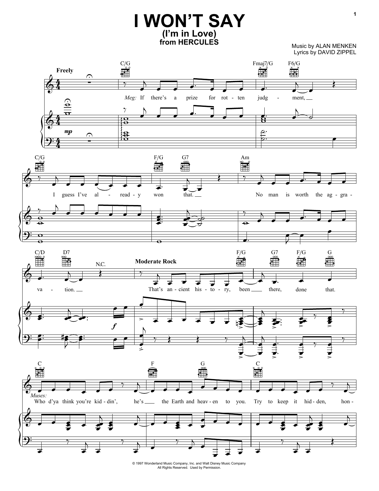 Alan Menken I Won't Say (I'm In Love) (from Disney's Hercules) sheet music notes and chords arranged for Piano, Vocal & Guitar Chords (Right-Hand Melody)
