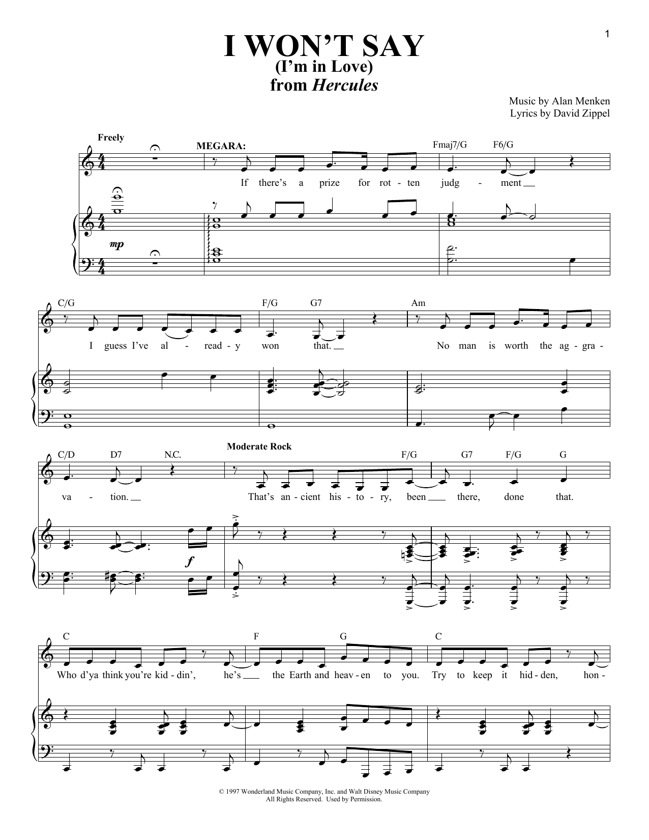 Alan Menken I Won't Say (I'm In Love) (from Hercules) sheet music notes and chords arranged for Easy Piano