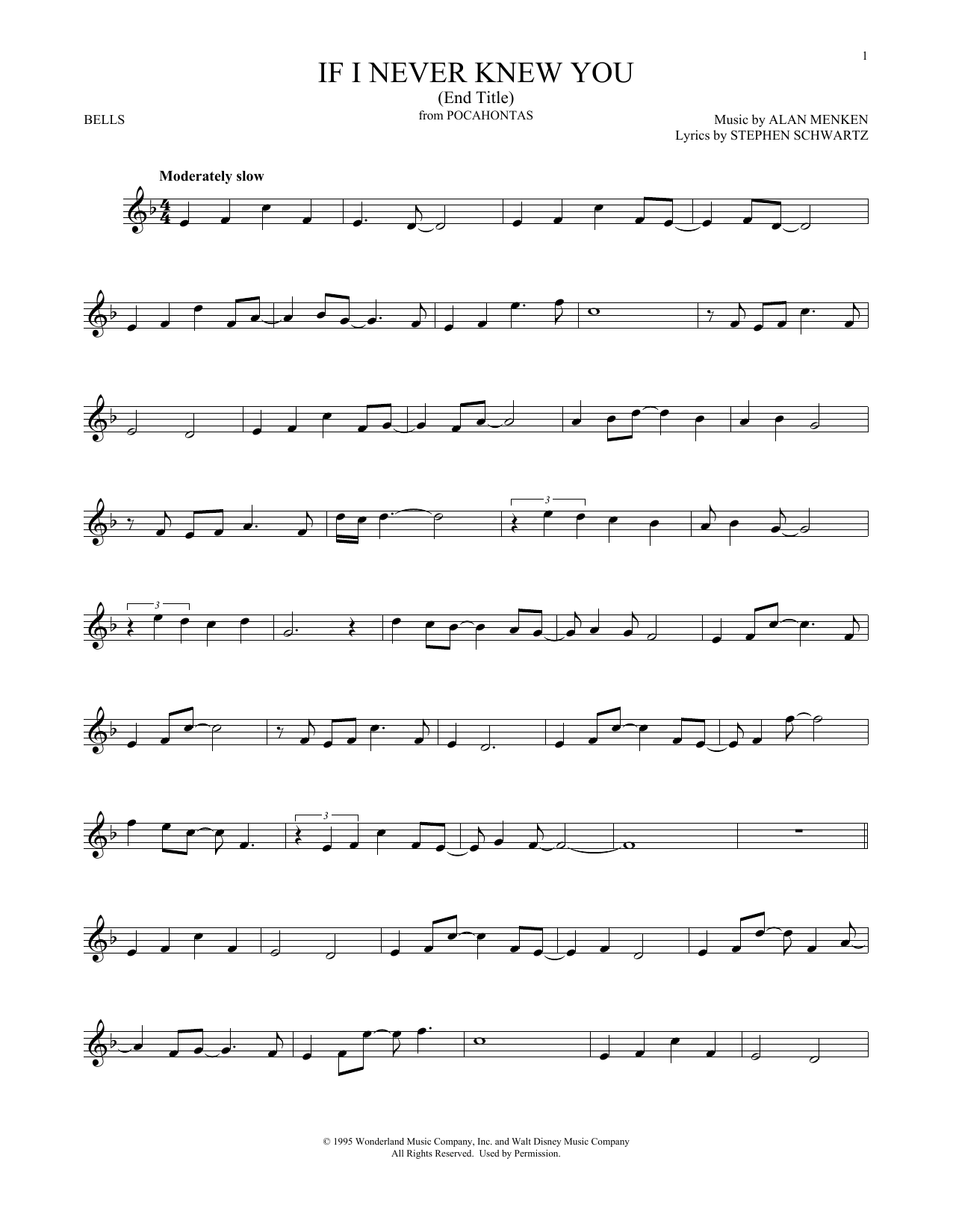 Alan Menken If I Never Knew You (End Title) (from Pocahontas) sheet music notes and chords arranged for Bells Solo