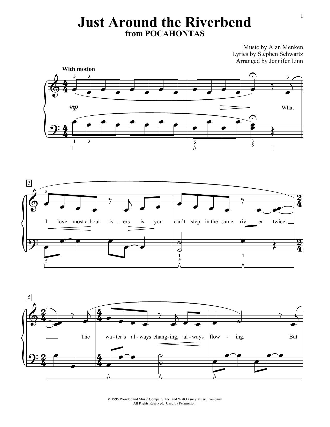 Alan Menken Just Around The Riverbend (from Pocahontas) (arr. Jennifer Linn) sheet music notes and chords arranged for Educational Piano