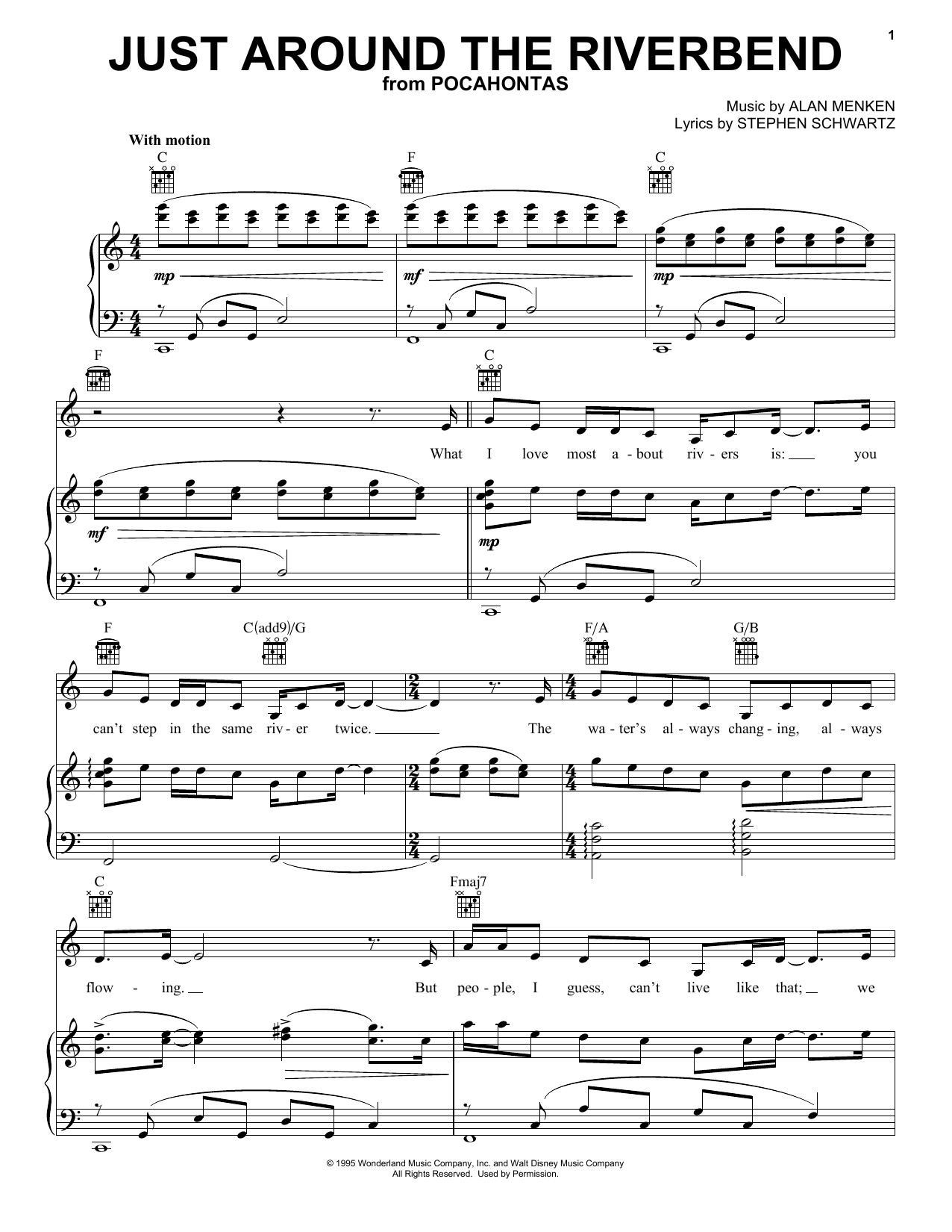 Alan Menken Just Around The Riverbend sheet music notes and chords arranged for Easy Piano