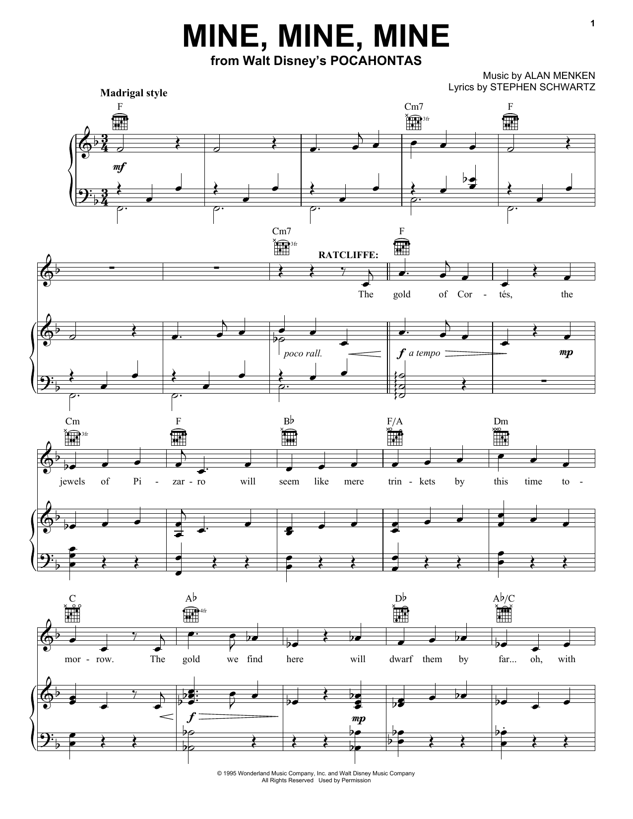Alan Menken Mine, Mine, Mine sheet music notes and chords arranged for Piano, Vocal & Guitar Chords (Right-Hand Melody)