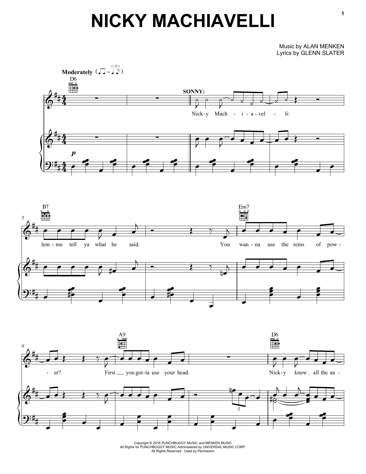 Alan Menken Nicky Machiavelli sheet music notes and chords arranged for Piano, Vocal & Guitar Chords (Right-Hand Melody)