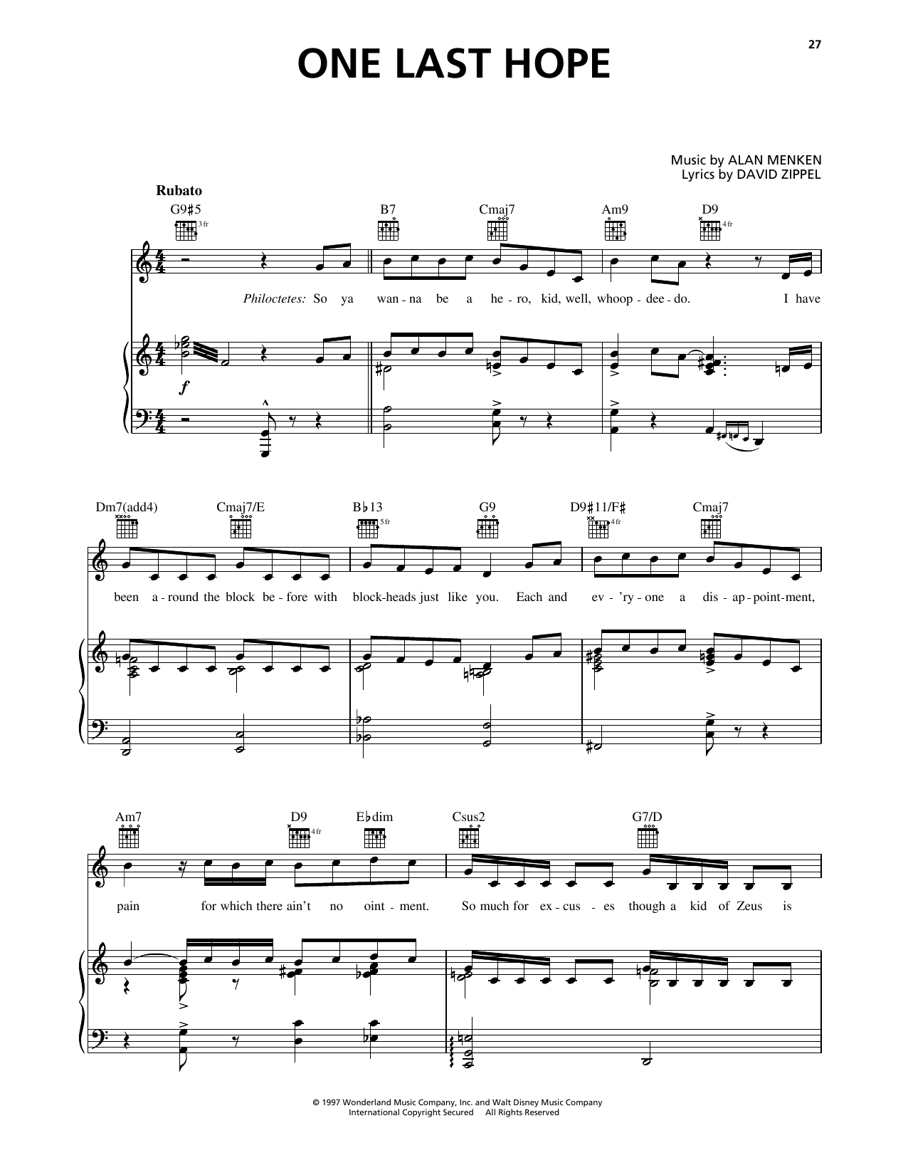 Alan Menken One Last Hope (from Hercules) sheet music notes and chords arranged for Piano, Vocal & Guitar Chords (Right-Hand Melody)