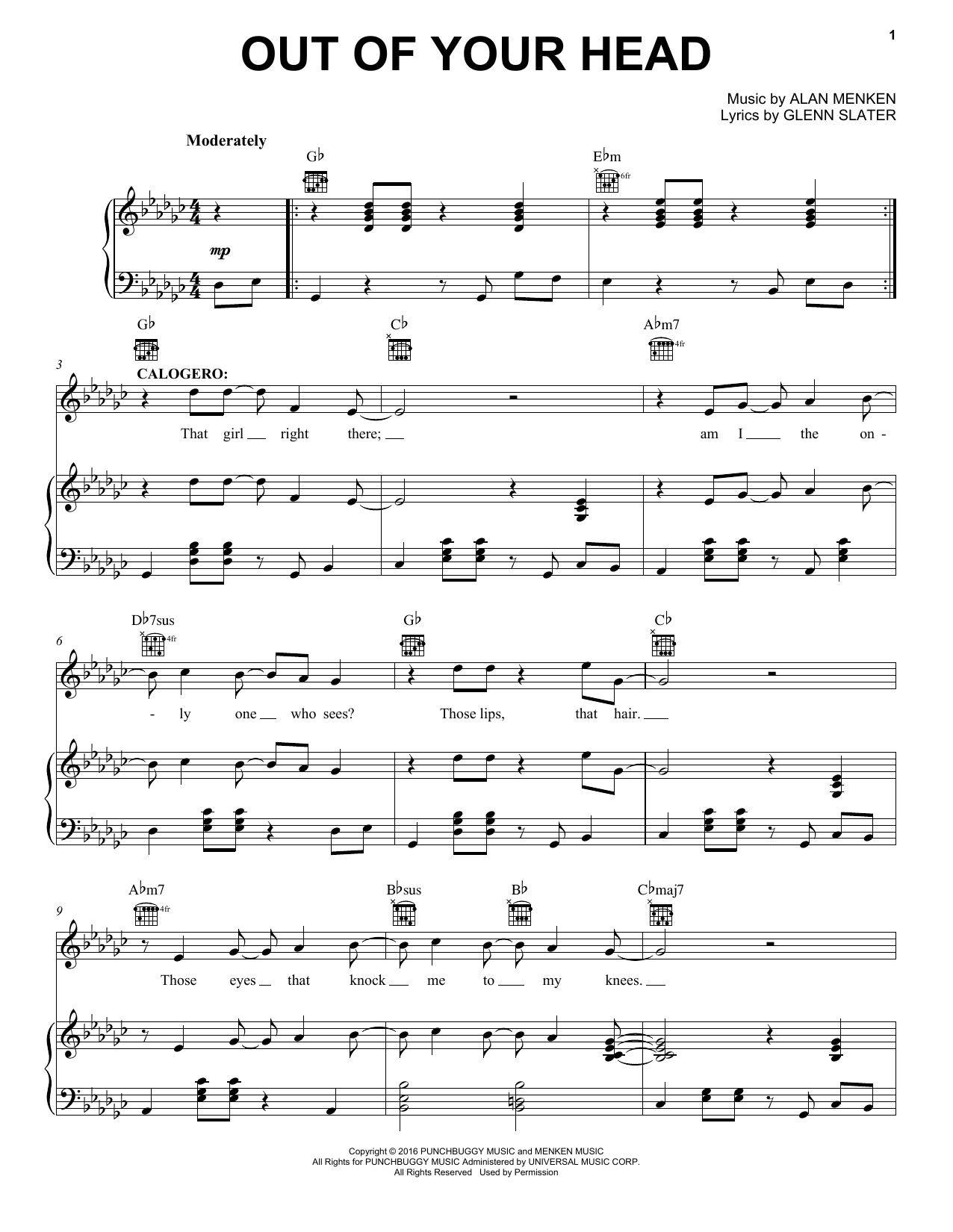 Alan Menken Out Of Your Head sheet music notes and chords arranged for Piano, Vocal & Guitar Chords (Right-Hand Melody)