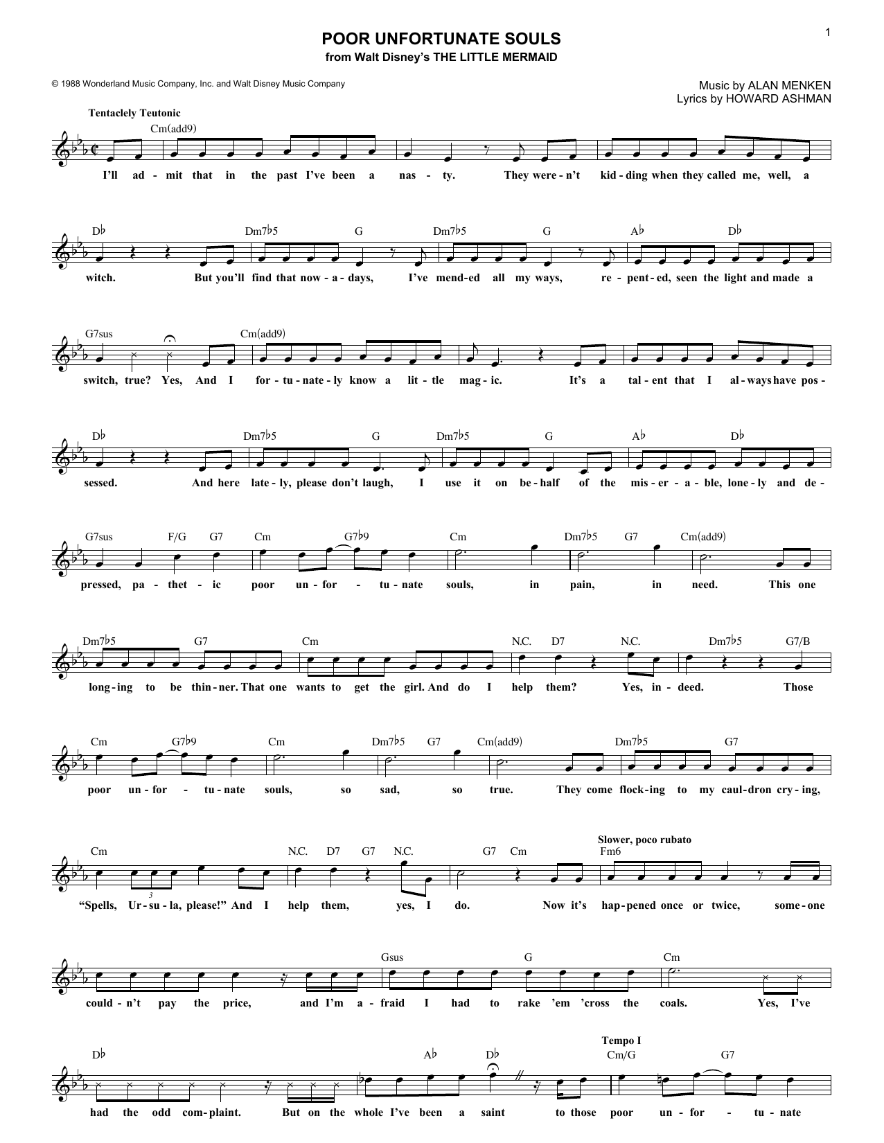 Alan Menken Poor Unfortunate Souls (from The Little Mermaid) sheet music notes and chords arranged for Lead Sheet / Fake Book