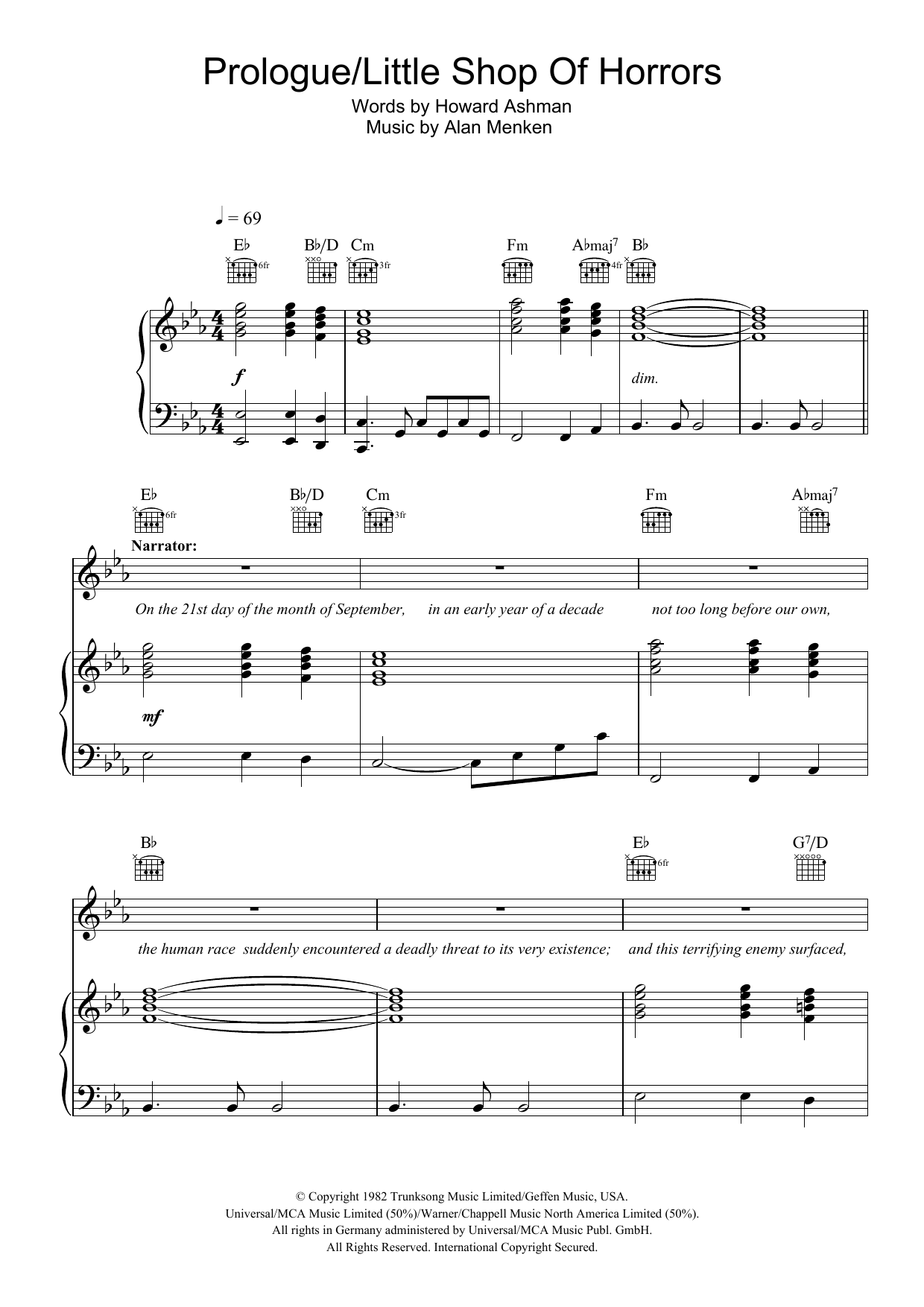 Alan Menken Prologue (from Little Shop Of Horrors) sheet music notes and chords arranged for Piano, Vocal & Guitar Chords