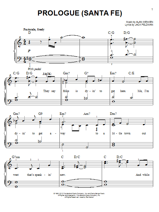 Alan Menken Prologue (Santa Fe) sheet music notes and chords arranged for Easy Piano