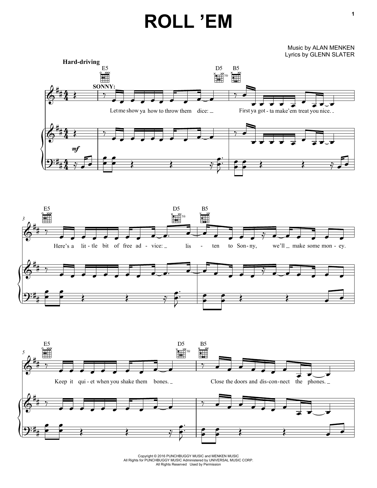 Alan Menken Roll 'Em sheet music notes and chords arranged for Piano, Vocal & Guitar Chords (Right-Hand Melody)