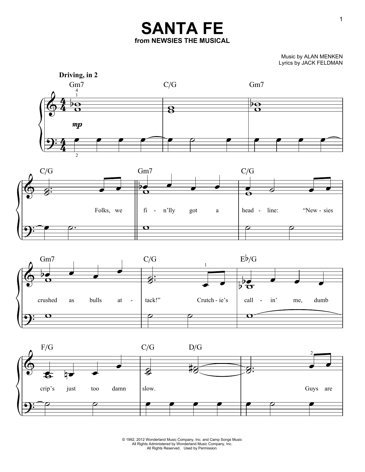 Alan Menken Santa Fe (from Newsies) sheet music notes and chords arranged for Flute and Piano