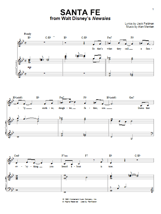 Alan Menken Santa Fe sheet music notes and chords arranged for Piano & Vocal