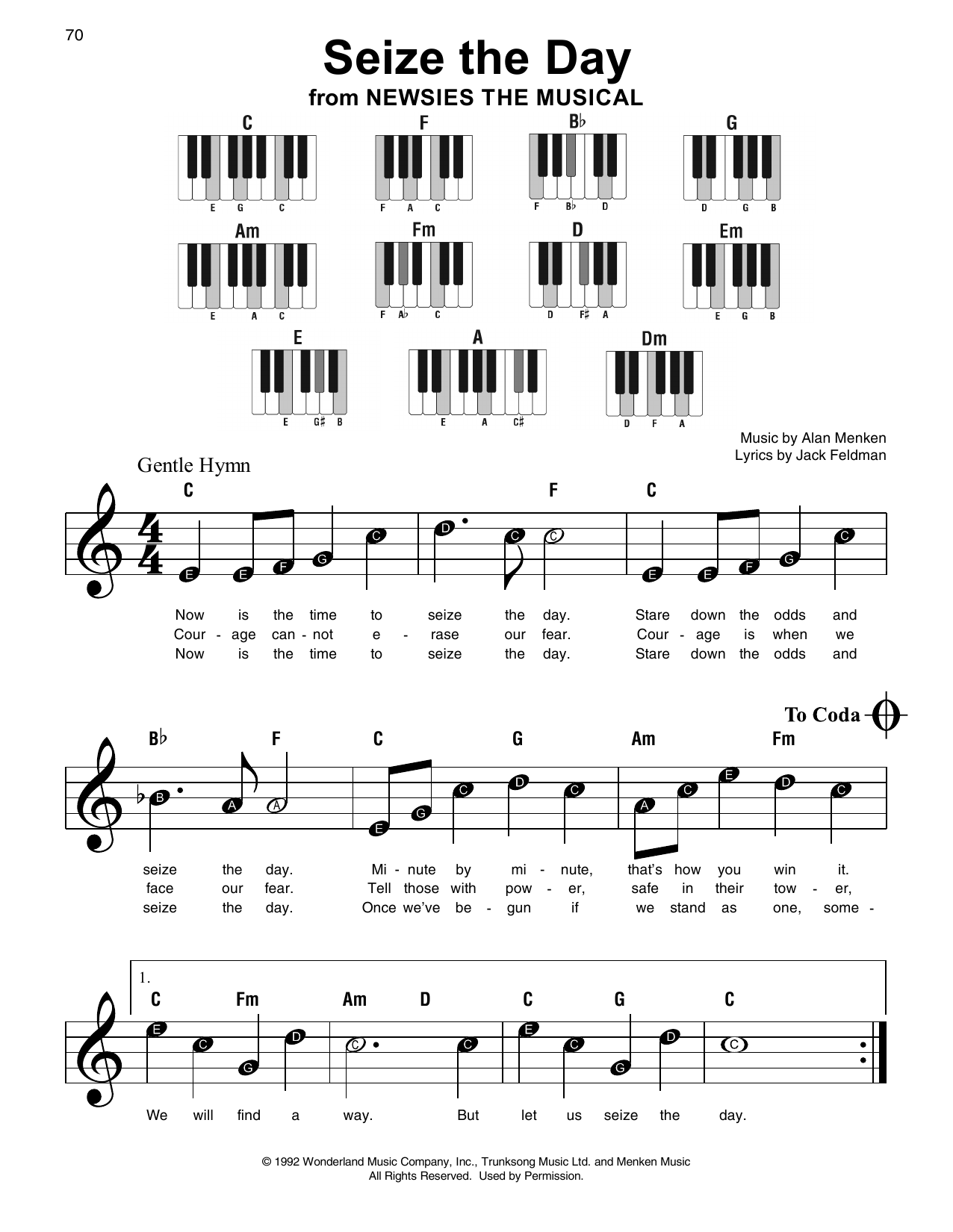 Alan Menken Seize The Day (from Newsies) sheet music notes and chords arranged for Super Easy Piano