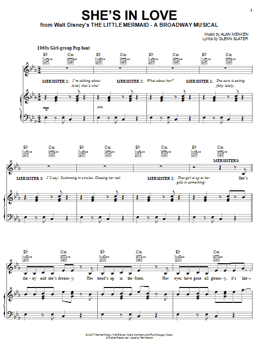 Alan Menken She's In Love (from The Little Mermaid: A Broadway Musical) sheet music notes and chords arranged for Piano, Vocal & Guitar Chords (Right-Hand Melody)