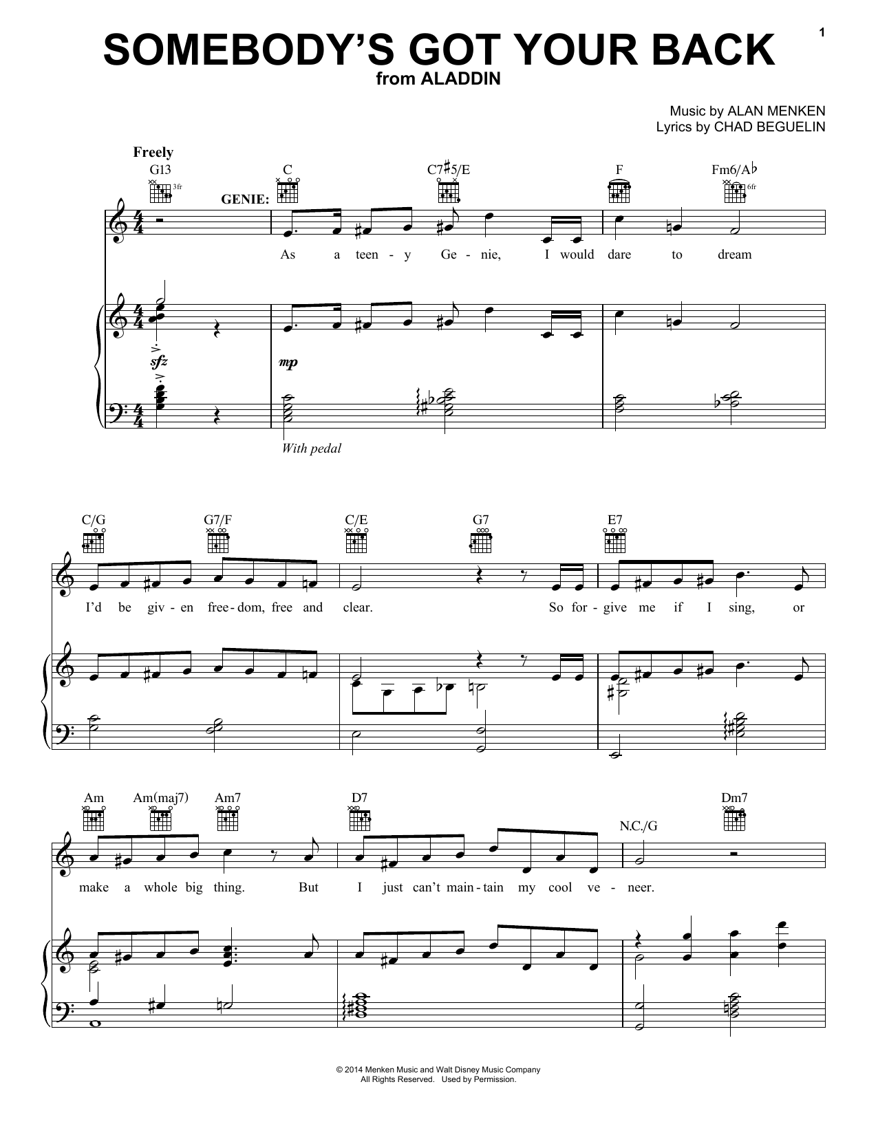 Alan Menken Somebody's Got Your Back (from Aladdin: The Broadway Musical) sheet music notes and chords arranged for Piano & Vocal