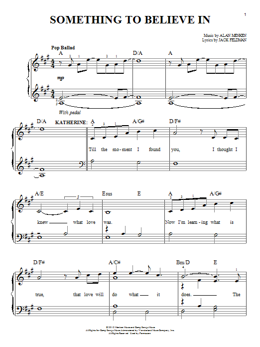 Alan Menken Something To Believe In (from Newsies) sheet music notes and chords arranged for Easy Piano