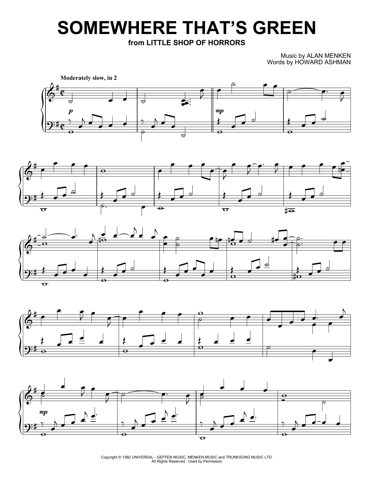 Alan Menken Somewhere That's Green (from Little Shop Of Horrors) (Peaceful Piano Solo) sheet music notes and chords arranged for Piano Solo