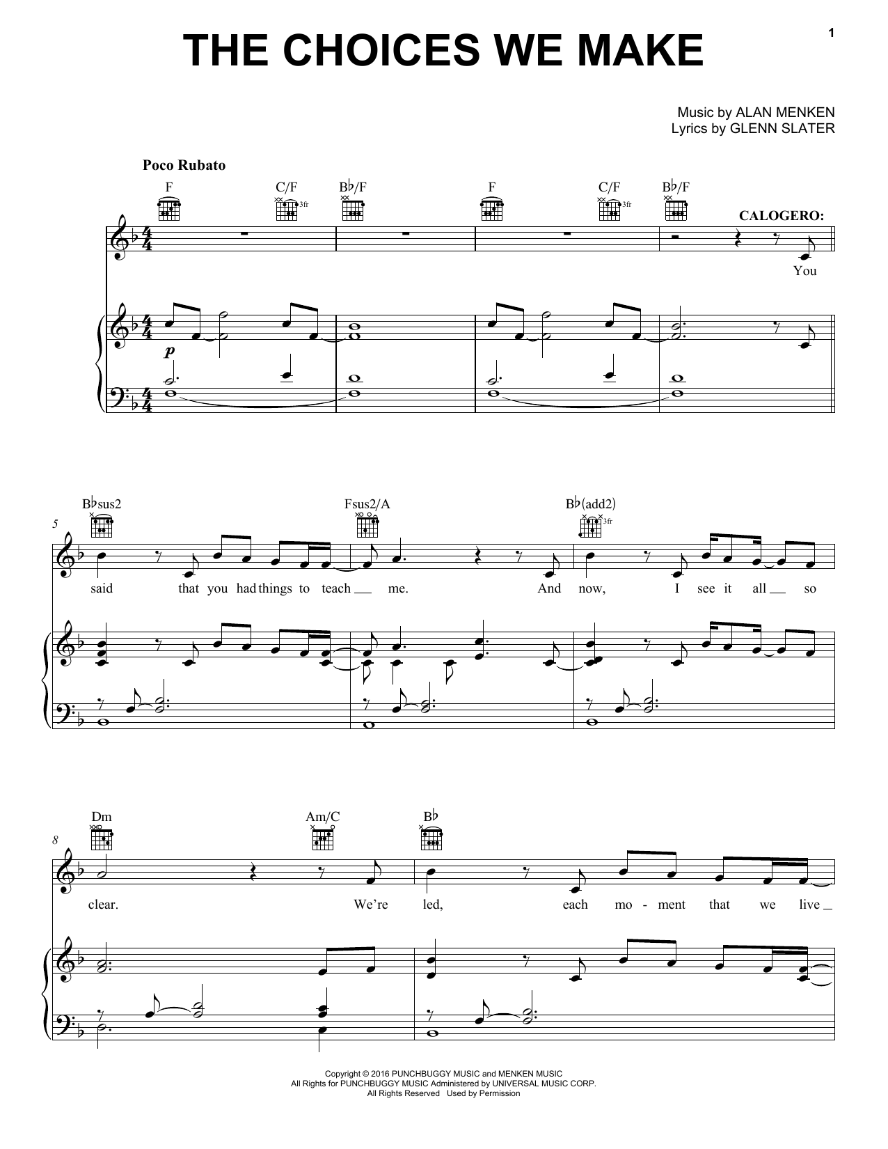 Alan Menken The Choices We Make sheet music notes and chords arranged for Piano, Vocal & Guitar Chords (Right-Hand Melody)