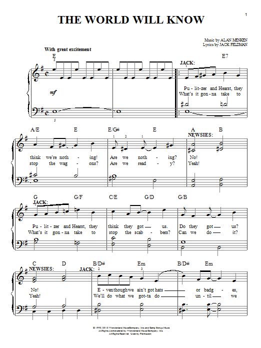 Alan Menken The World Will Know (from Newsies) sheet music notes and chords arranged for Easy Piano