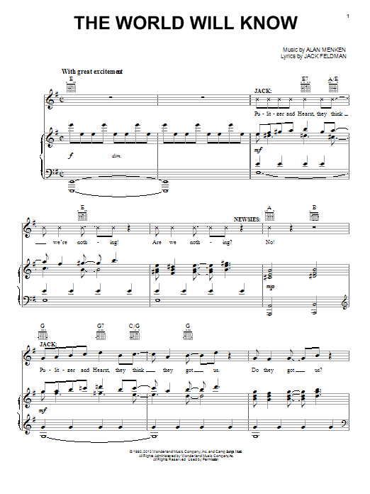 Alan Menken The World Will Know sheet music notes and chords arranged for Piano, Vocal & Guitar Chords (Right-Hand Melody)