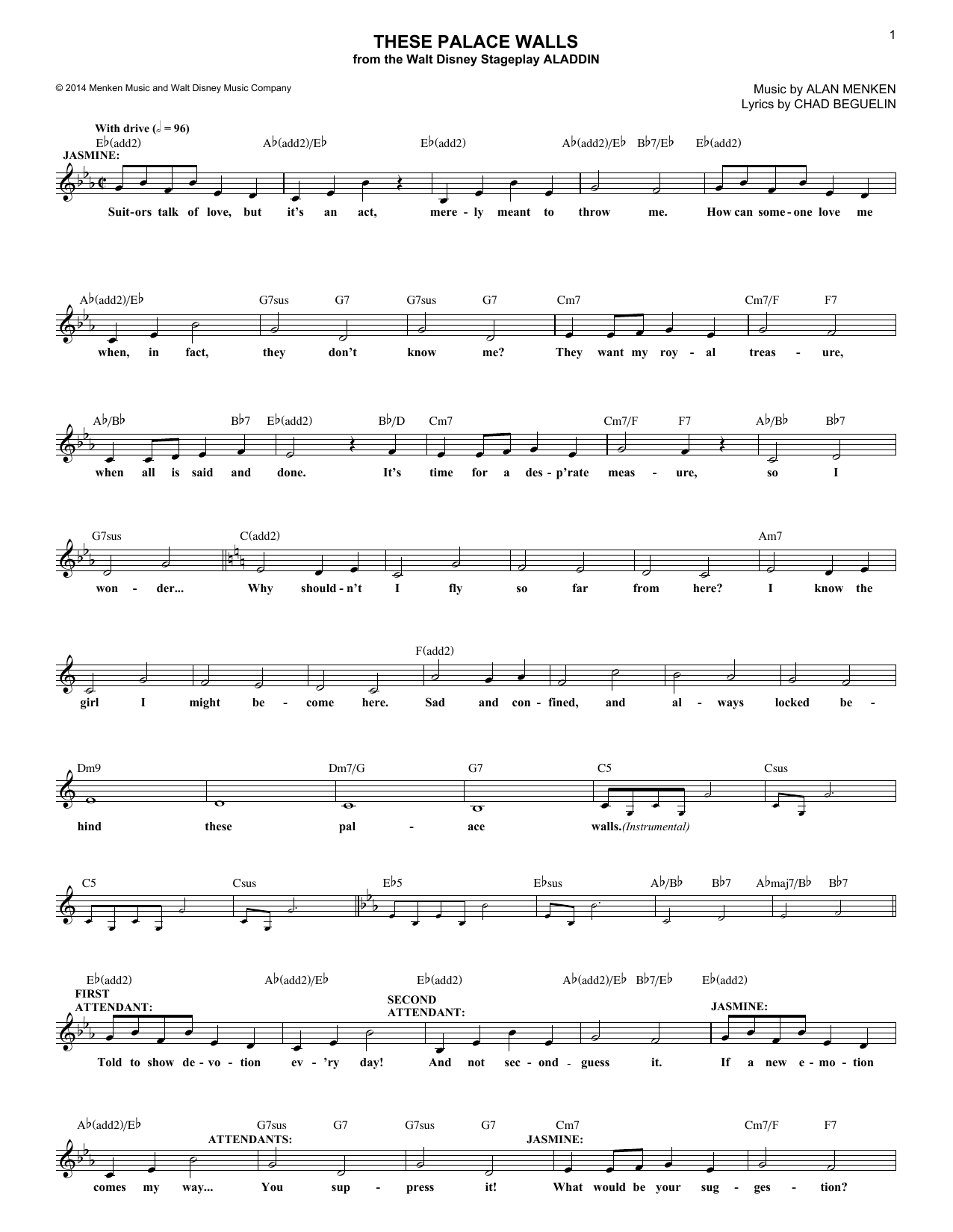 Alan Menken These Palace Walls sheet music notes and chords arranged for Lead Sheet / Fake Book