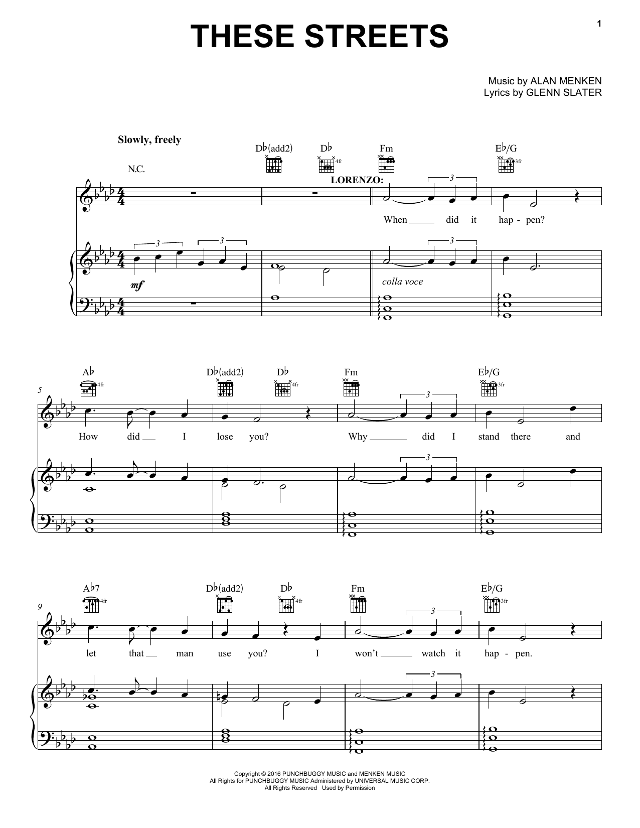 Alan Menken These Streets sheet music notes and chords arranged for Piano, Vocal & Guitar Chords (Right-Hand Melody)