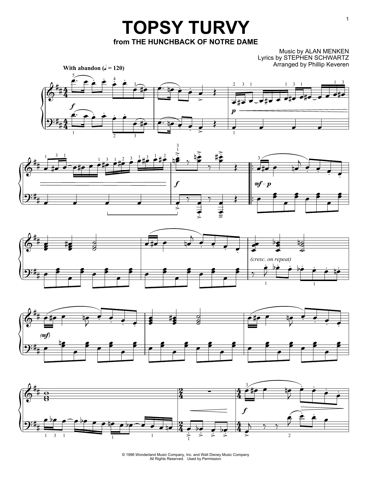 Alan Menken Topsy Turvy [Ragtime version] (arr. Phillip Keveren) sheet music notes and chords arranged for Piano Solo