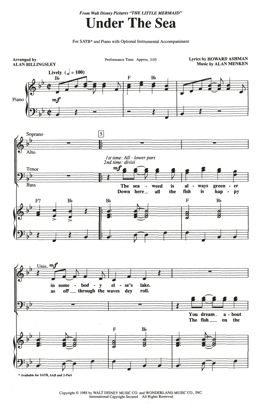 Alan Menken Under The Sea (from The Little Mermaid) (arr. Alan Billingsley) sheet music notes and chords arranged for SATB Choir