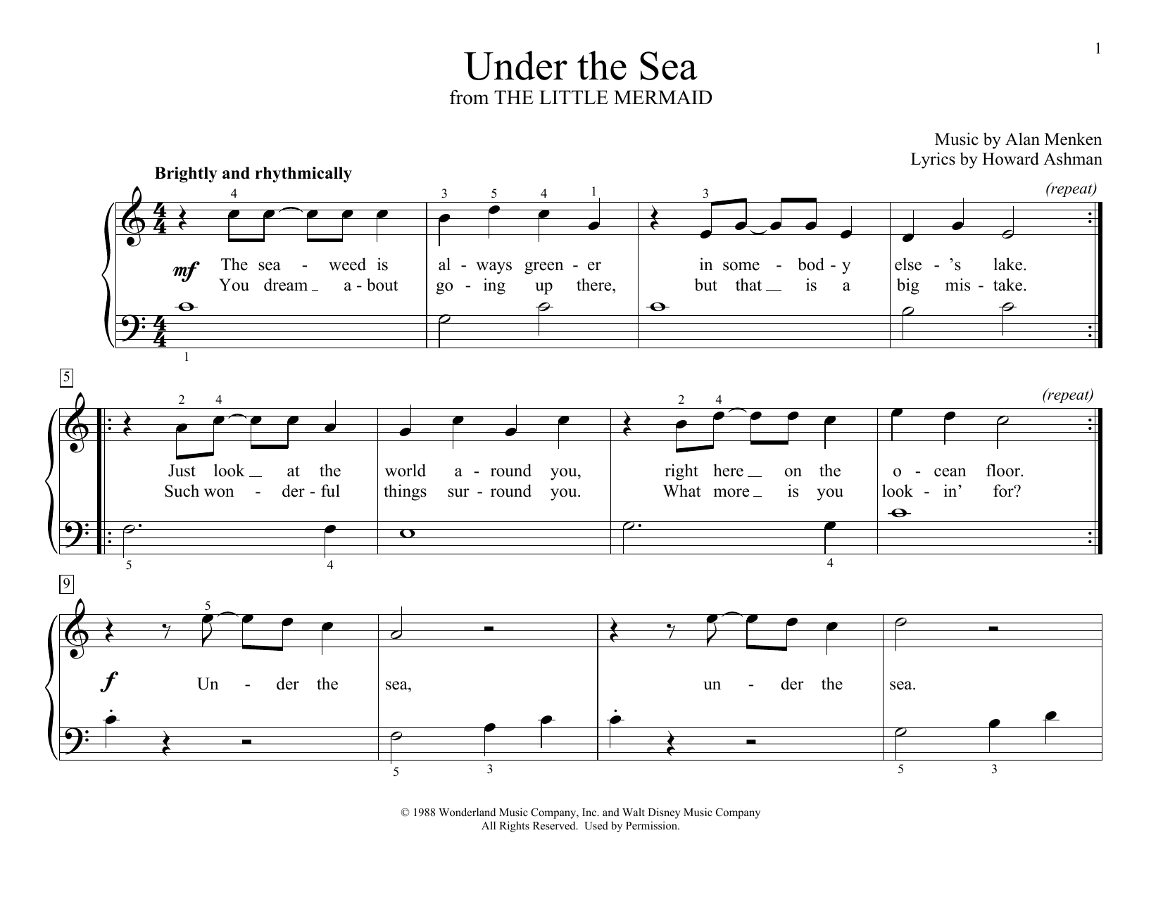 Alan Menken Under The Sea (from The Little Mermaid) (arr. Christopher Hussey) sheet music notes and chords arranged for Educational Piano