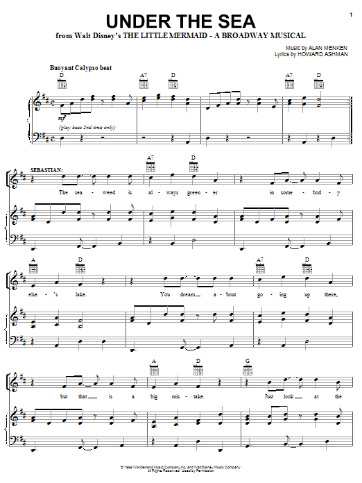 Alan Menken Under The Sea (from The Little Mermaid: A Broadway Musical) sheet music notes and chords arranged for Piano, Vocal & Guitar Chords (Right-Hand Melody)