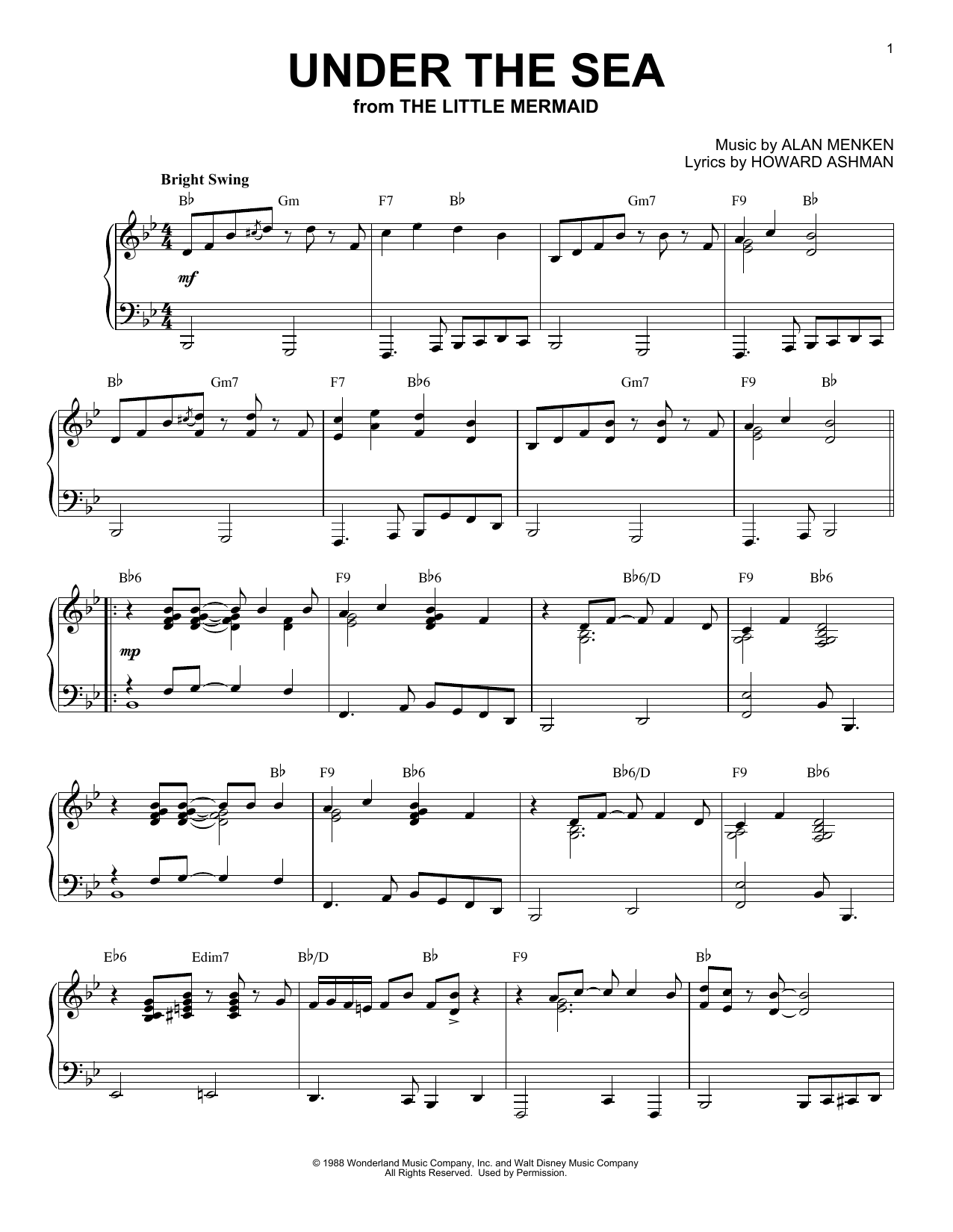 Alan Menken Under The Sea [Jazz version] (from Disney's The Little Mermaid) sheet music notes and chords arranged for Piano Solo