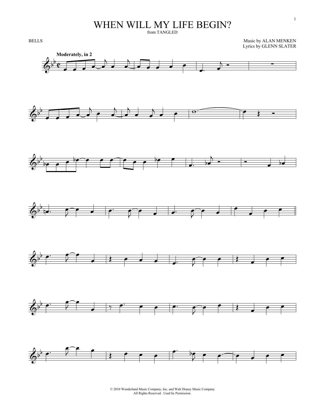 Alan Menken When Will My Life Begin? (from Tangled) sheet music notes and chords arranged for Bells Solo