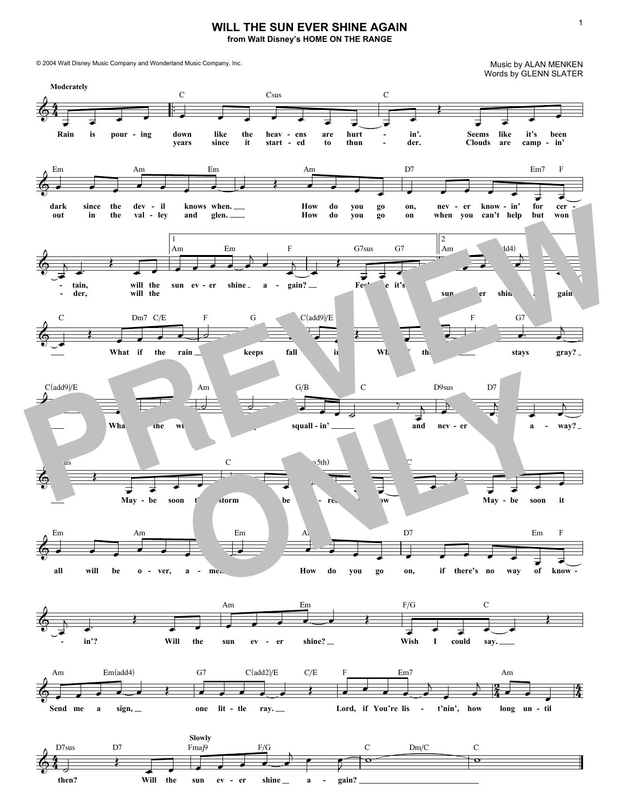 Alan Menken Will The Sun Ever Shine Again sheet music notes and chords arranged for Lead Sheet / Fake Book