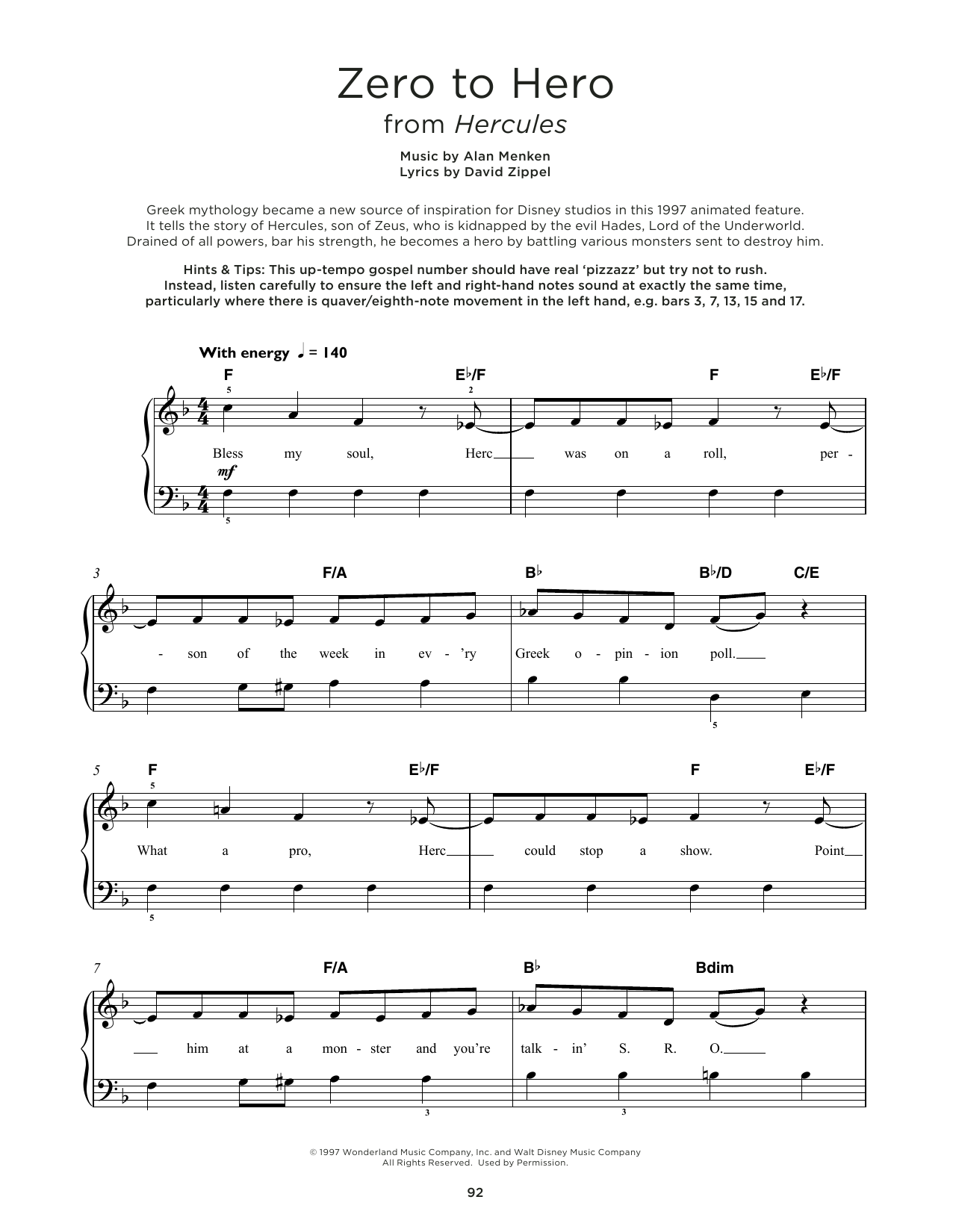 Alan Menken Zero To Hero (from Hercules) sheet music notes and chords arranged for Really Easy Piano