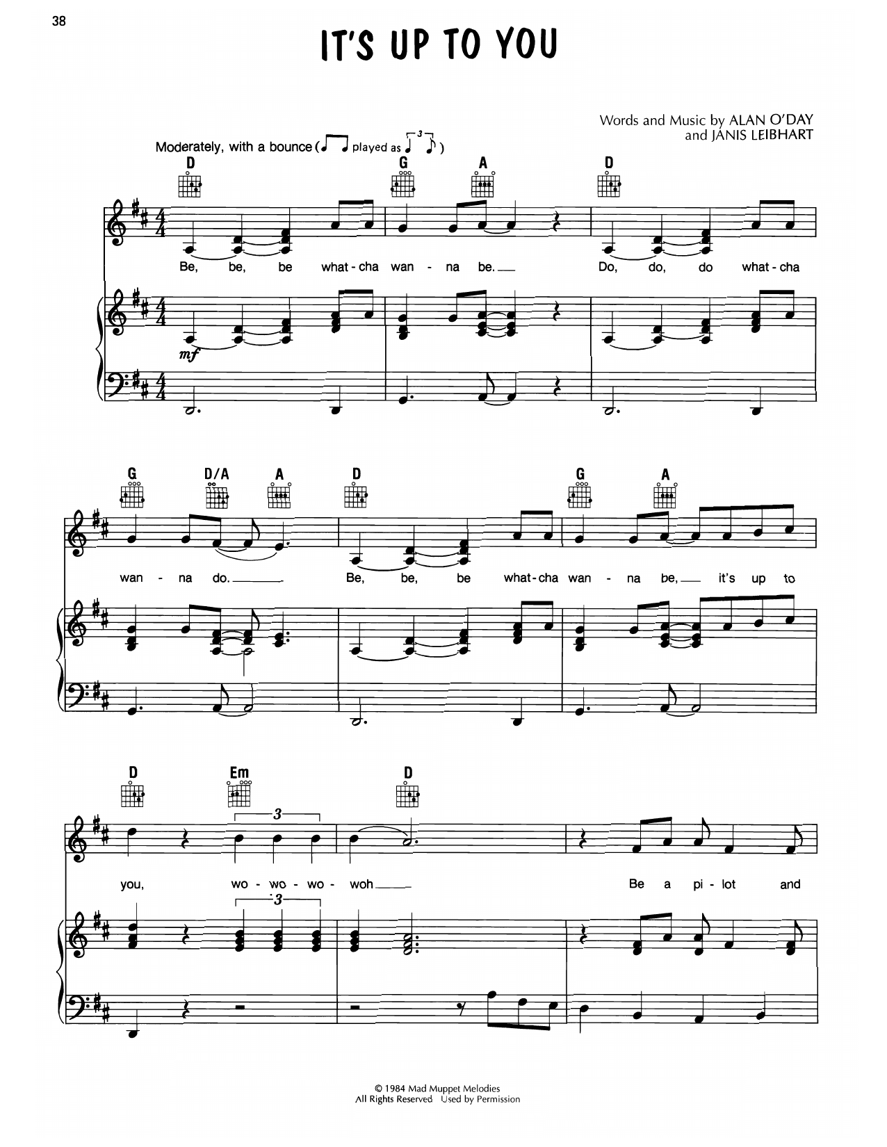Alan O'Day It's Up To You (from Muppet Babies) sheet music notes and chords arranged for Easy Piano