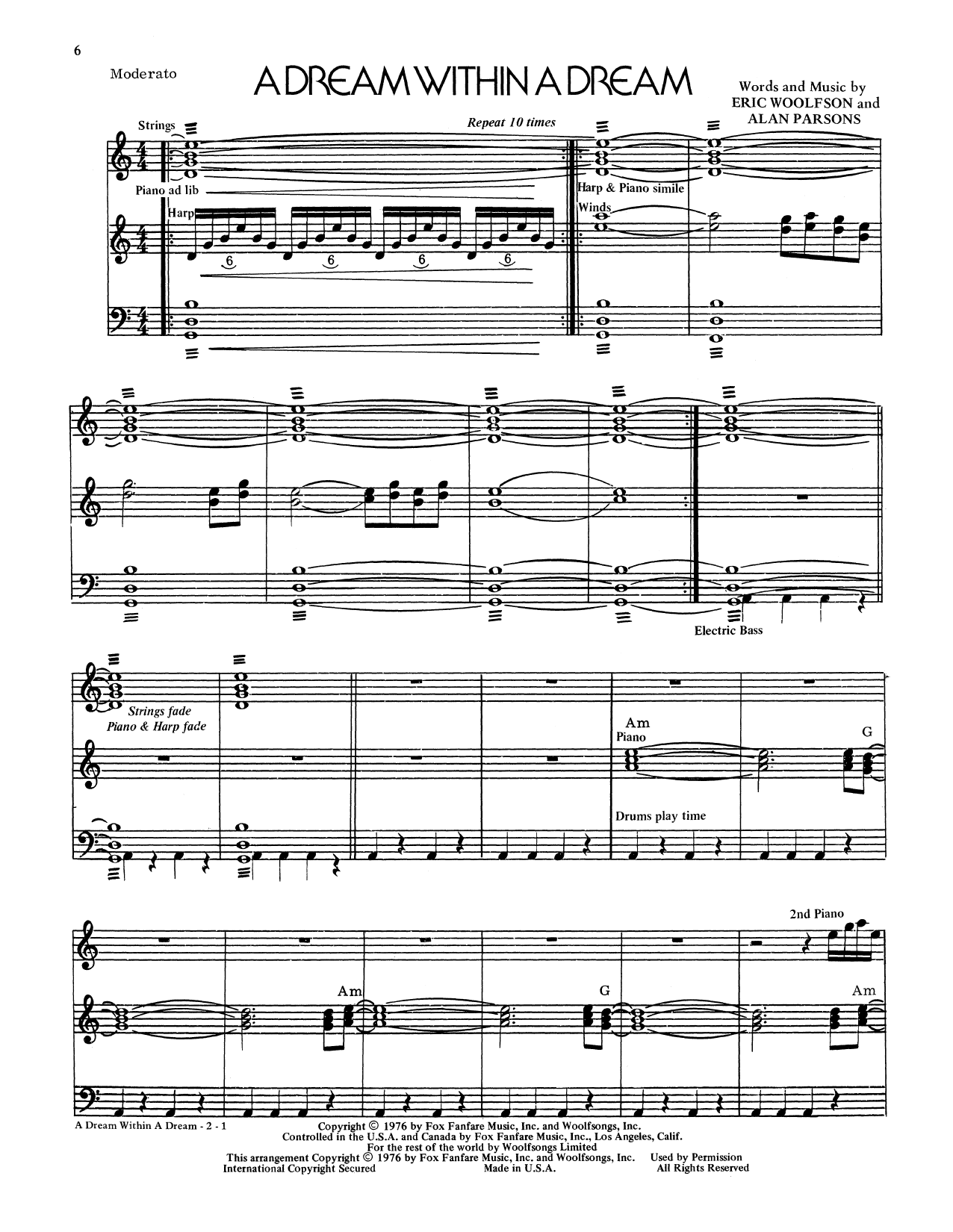 Alan Parsons Project A Dream Within A Dream sheet music notes and chords arranged for Piano & Vocal