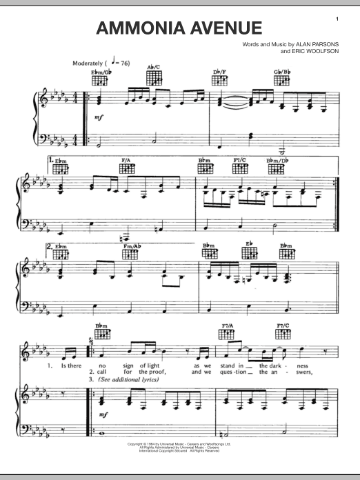 Alan Parsons Project Ammonia Avenue sheet music notes and chords arranged for Piano, Vocal & Guitar Chords (Right-Hand Melody)