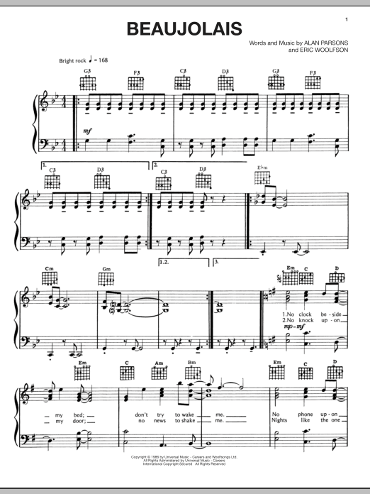 Alan Parsons Project Beaujolais sheet music notes and chords arranged for Piano, Vocal & Guitar Chords (Right-Hand Melody)