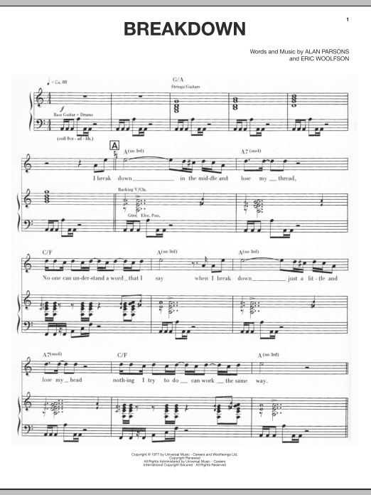 Alan Parsons Project Breakdown sheet music notes and chords arranged for Piano, Vocal & Guitar Chords (Right-Hand Melody)