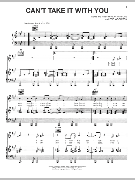 Alan Parsons Project Can't Take It With You sheet music notes and chords arranged for Piano, Vocal & Guitar Chords (Right-Hand Melody)