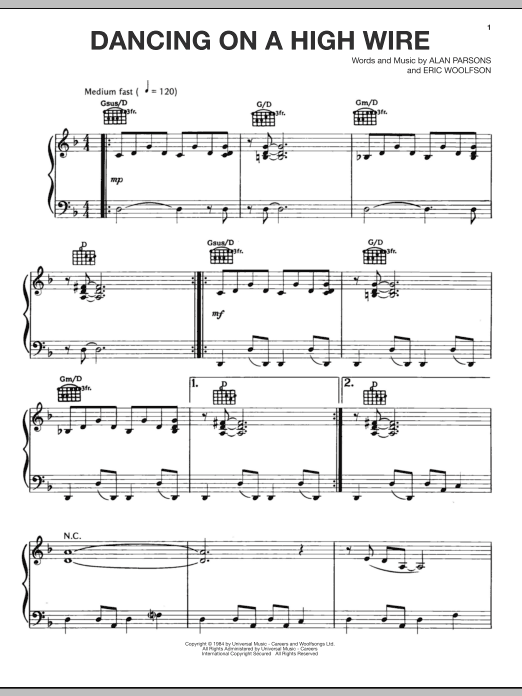 Alan Parsons Project Dancing On A High Wire sheet music notes and chords arranged for Piano, Vocal & Guitar Chords (Right-Hand Melody)